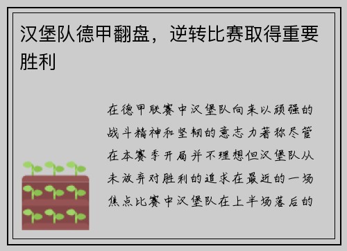 汉堡队德甲翻盘，逆转比赛取得重要胜利